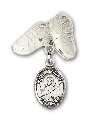 Pin Badge with St. Perpetua Charm and Baby Boots Pin - Silver tone