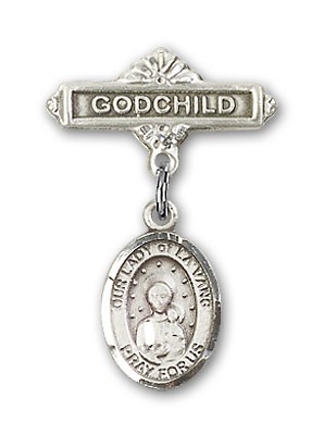 Baby Badge with Our Lady of la Vang Charm and Godchild Badge Pin - Silver tone