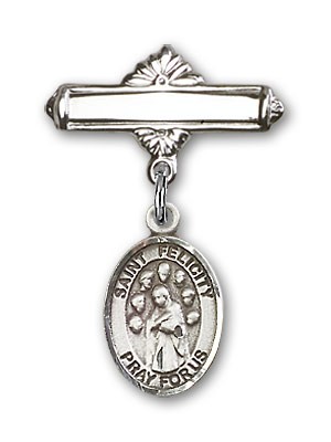 Pin Badge with St. Felicity Charm and Polished Engravable Badge Pin - Silver tone