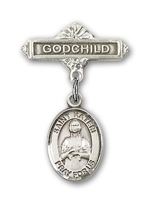 Pin Badge with St. Kateri Charm and Godchild Badge Pin - Silver tone
