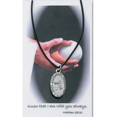 Girl's St. Christopher Softball Medal with Leather Chain and Prayer Card - Silver tone