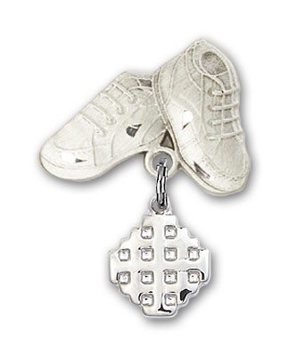 Baby Badge with Jerusalem Cross Charm and Baby Boots Pin - Silver tone