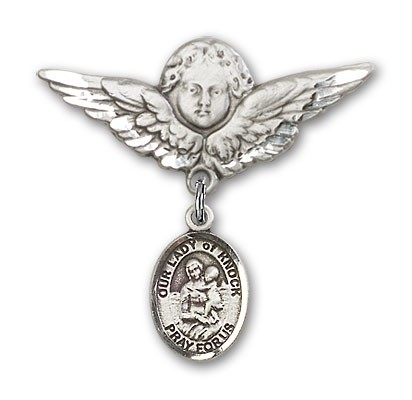 Pin Badge with Our Lady of Knock Charm and Angel with Larger Wings Badge Pin - Silver tone