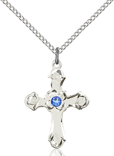 Medium Budded Cross Pendant with Etched Border Birthstone Options - Sapphire