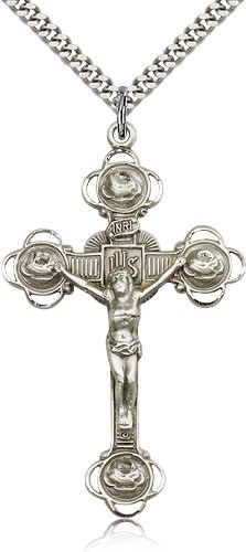 Large Men's Rosebud Tip Crucifix Pendant - Sterling Silver