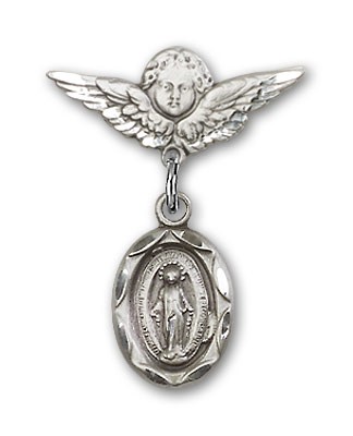 Baby Pin with Miraculous Charm and Angel with Smaller Wings Badge Pin - Silver tone