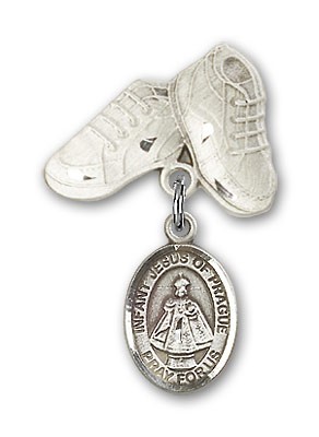 Baby Badge with Infant of Prague Charm and Baby Boots Pin - Silver tone