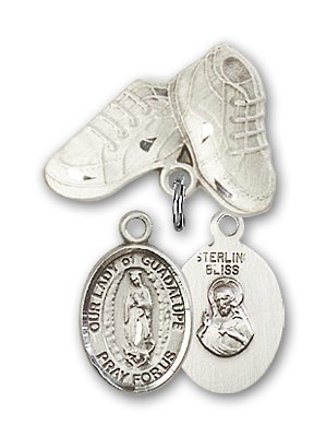 Baby Badge with Our Lady of Guadalupe Charm and Baby Boots Pin - Silver tone