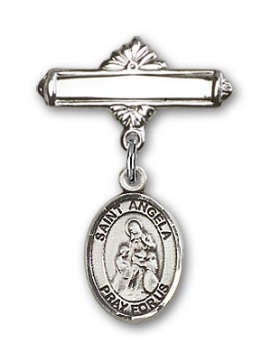 Pin Badge with St. Angela Merici Charm and Polished Engravable Badge Pin - Silver tone