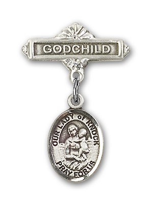 Baby Badge with Our Lady of Knock Charm and Godchild Badge Pin - Silver tone