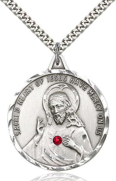 Elegant Sacred Heart of Jesus Pendant with Birthstones - Sterling Silver