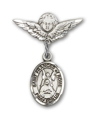 Pin Badge with St. Frances of Rome Charm and Angel with Smaller Wings Badge Pin - Silver tone