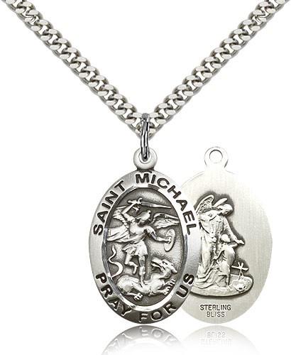 Men's Double Sided Oval St. Michael and Guardian Angel Medal - Sterling Silver