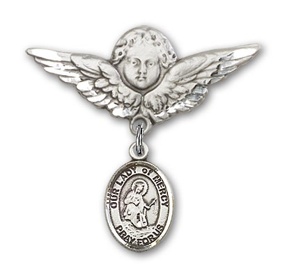 Pin Badge with Our Lady of Mercy Charm and Angel with Larger Wings Badge Pin - Silver tone