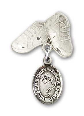 Baby Badge with Footprints Cross Charm and Baby Boots Pin - Silver tone