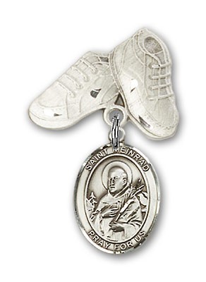 Pin Badge with St. Meinrad of Einsideln Charm and Baby Boots Pin - Silver tone