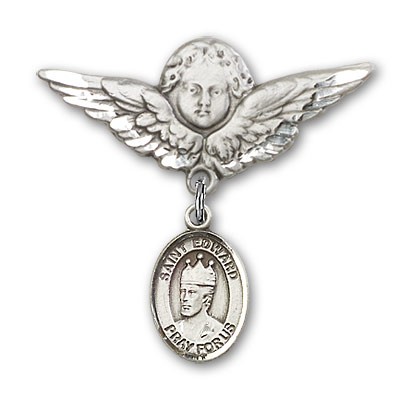 Pin Badge with St. Edward the Confessor Charm and Angel with Larger Wings Badge Pin - Silver tone