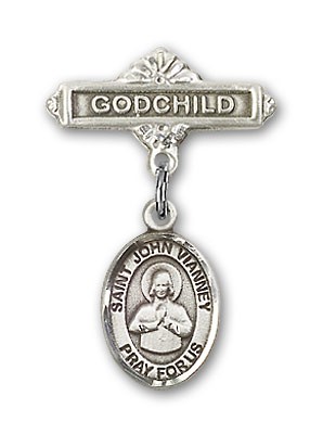 Pin Badge with St. John Vianney Charm and Godchild Badge Pin - Silver tone