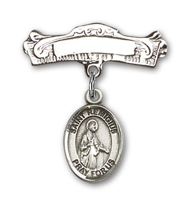 Pin Badge with St. Remigius of Reims Charm and Arched Polished Engravable Badge Pin - Silver tone
