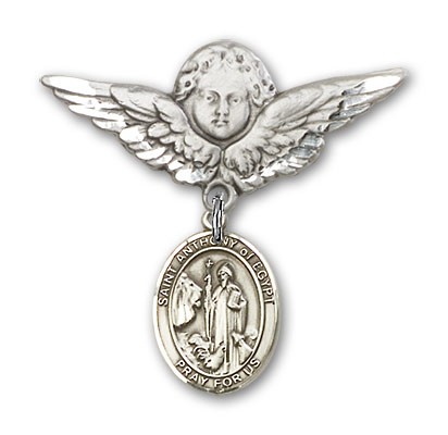 Pin Badge with St. Anthony of Egypt Charm and Angel with Larger Wings Badge Pin - Silver tone