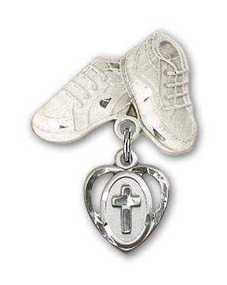 Baby Badge with Cross Charm and Baby Boots Pin - Silver tone