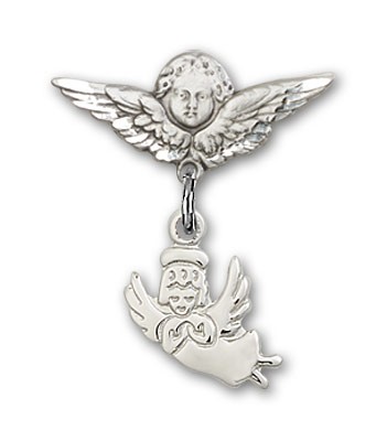 Baby Pin with Guardian Angel Charm and Angel with Smaller Wings Badge Pin - Silver tone