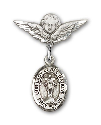 Pin Badge with Our Lady of All Nations Charm and Angel with Smaller Wings Badge Pin - Silver tone