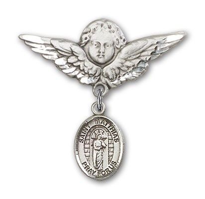 Pin Badge with St. Matthias the Apostle Charm and Angel with Larger Wings Badge Pin - Silver tone