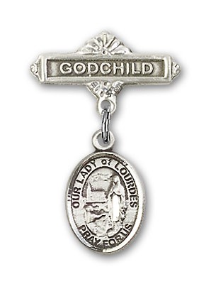 Baby Badge with Our Lady of Lourdes Charm and Godchild Badge Pin - Silver tone
