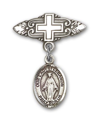 Pin Badge with Our Lady of Lebanon Charm and Badge Pin with Cross - Silver tone