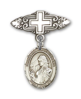 Pin Badge with St. Finnian of Clonard Charm and Badge Pin with Cross - Silver tone