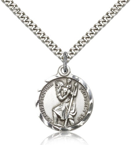 Textured Border St. Christopher Necklace - Nickel Size - Sterling Silver