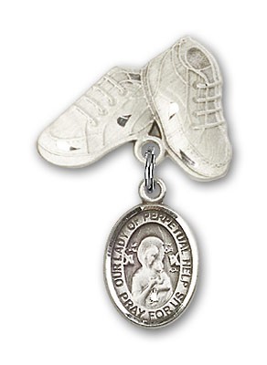 Baby Badge with Our Lady of Perpetual Help Charm and Baby Boots Pin - Silver tone