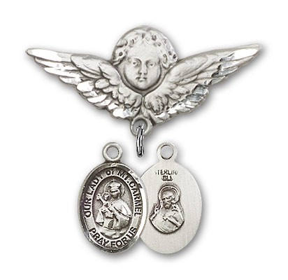 Pin Badge with Our Lady of Mount Carmel Charm and Angel with Larger Wings Badge Pin - Silver tone