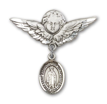 Pin Badge with St. Bartholomew the Apostle Charm and Angel with Larger Wings Badge Pin - Silver tone