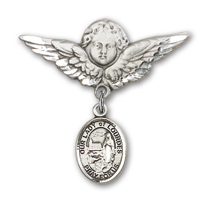 Pin Badge with Our Lady of Lourdes Charm and Angel with Larger Wings Badge Pin - Silver tone