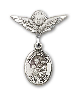 Pin Badge with St. Anthony of Padua Charm and Angel with Smaller Wings Badge Pin - Silver tone