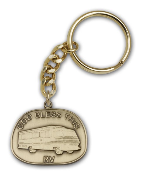 God Bless This RV Keychain - Antique Gold