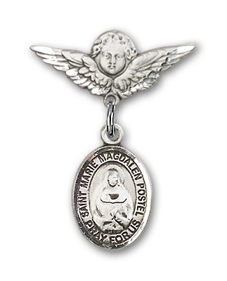 Pin Badge with Marie Magdalen Postel Charm and Angel with Smaller Wings Badge Pin - Silver tone