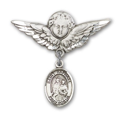 Pin Badge with St. Raphael the Archangel Charm and Angel with Larger Wings Badge Pin - Silver tone
