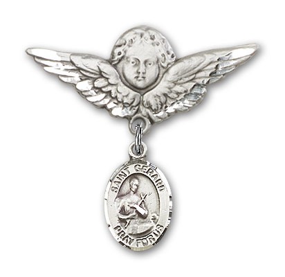 Pin Badge with St. Gerard Charm and Angel with Larger Wings Badge Pin - Silver tone