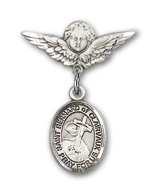 Pin Badge with St. Bernard of Clairvaux Charm and Angel with Smaller Wings Badge Pin - Silver tone