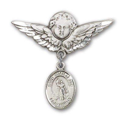 Pin Badge with St. Joan of Arc Charm and Angel with Larger Wings Badge Pin - Silver tone