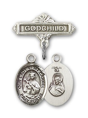 Baby Badge with Our Lady of Mount Carmel Charm and Godchild Badge Pin - Silver tone