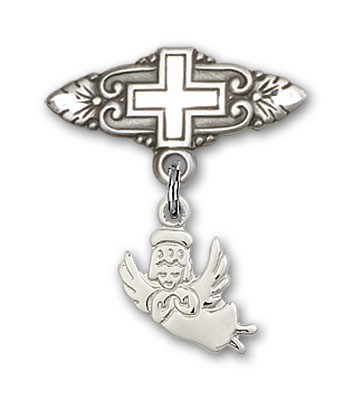 Baby Pin with Guardian Angel Charm and Badge Pin with Cross - Silver tone