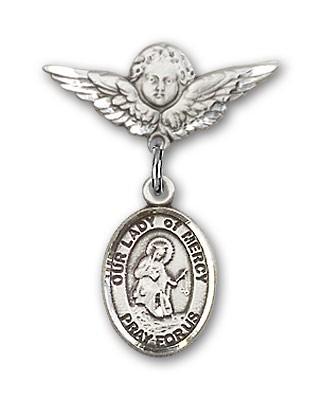Pin Badge with Our Lady of Mercy Charm and Angel with Smaller Wings Badge Pin - Silver tone