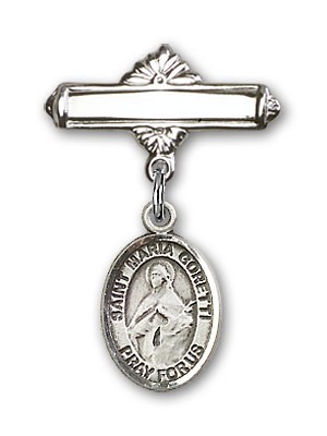 Pin Badge with St. Maria Goretti Charm and Polished Engravable Badge Pin - Silver tone
