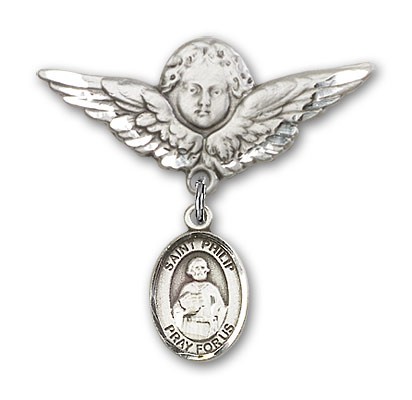 Pin Badge with St. Philip the Apostle Charm and Angel with Larger Wings Badge Pin - Silver tone