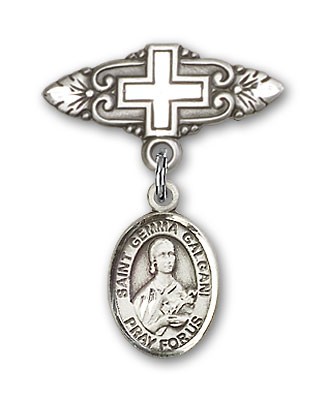 Pin Badge with St. Gemma Galgani Charm and Badge Pin with Cross - Silver tone