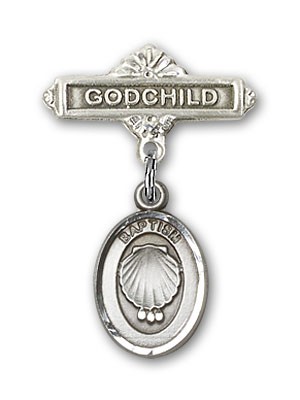 Baby Pin with Baptism Charm and Godchild Badge Pin - Silver tone